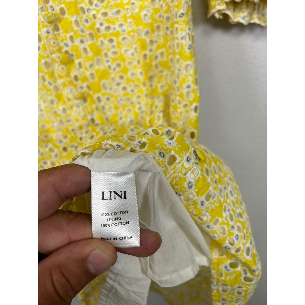 Cottagecore LINI Women XS Yellow Floral Eyelet Puff Sleeve Mini Dress Sweetheart - Picture 8 of 11